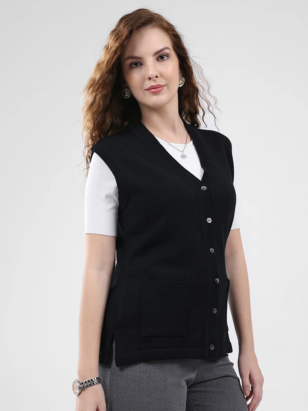 Women Black Solid V Neck Sleeveless Cardigan - Image 4