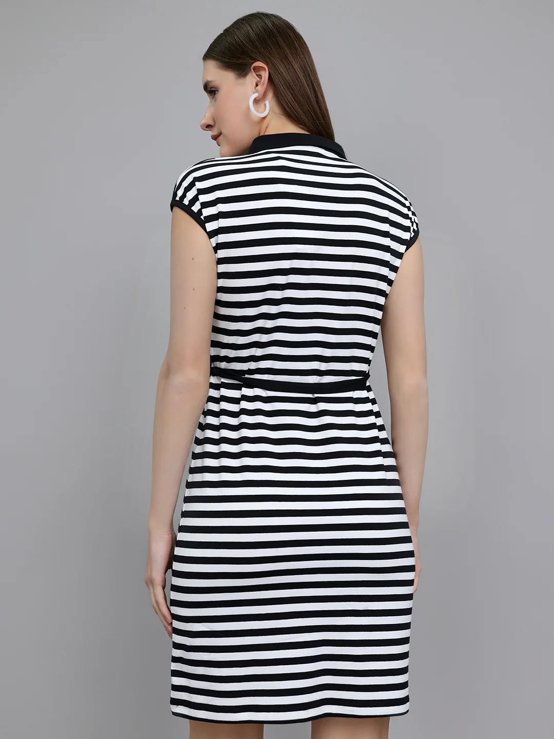 Women Black Stripe Collar Sleeveless Dress - Image 2