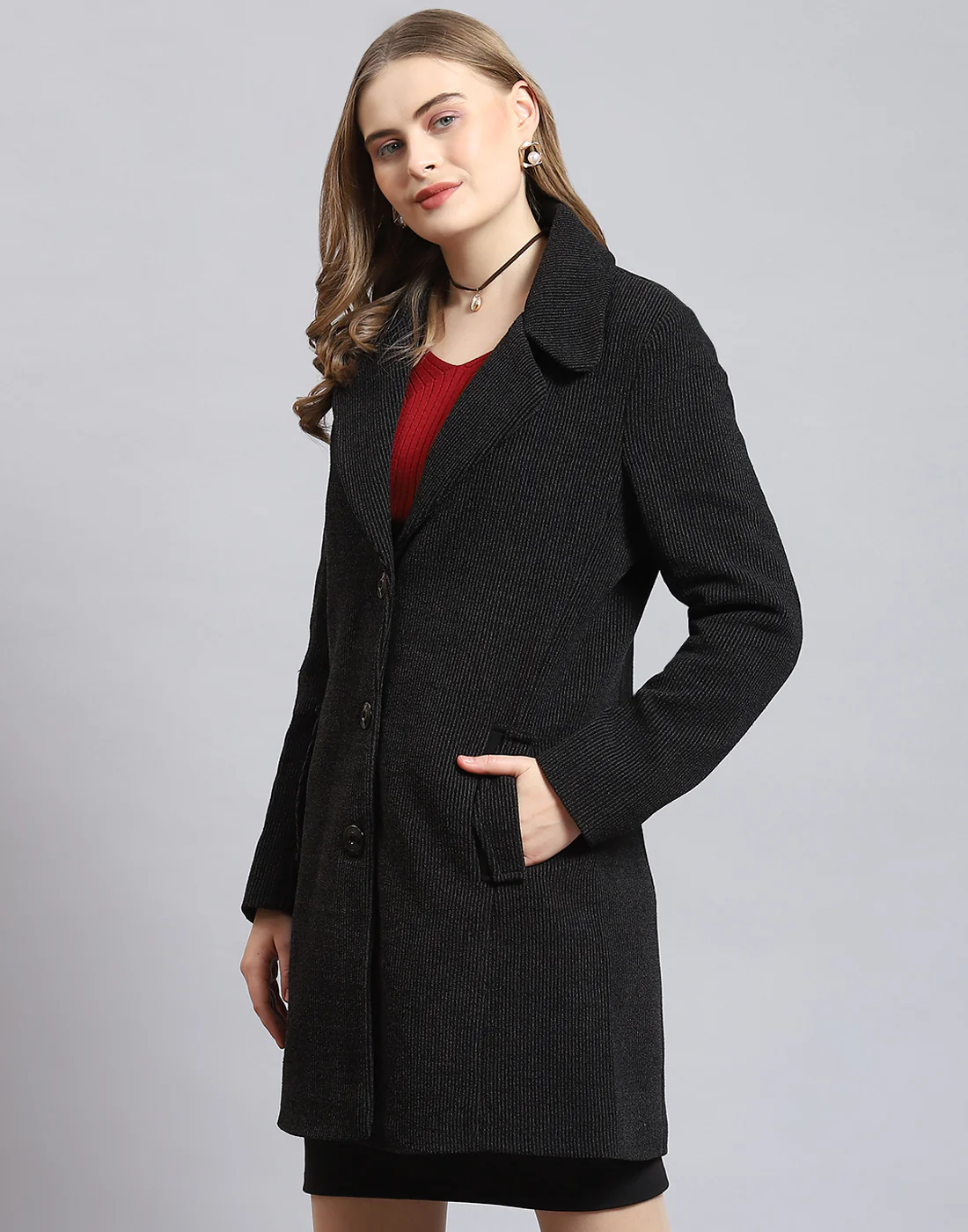 Women Black Stripe Lapel Collar Full Sleeve Coat - Image 3