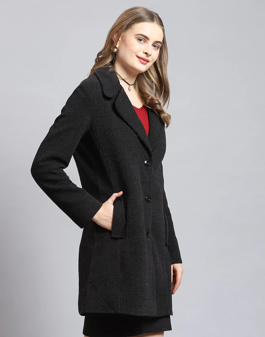 Women Black Stripe Lapel Collar Full Sleeve Coat - Image 4