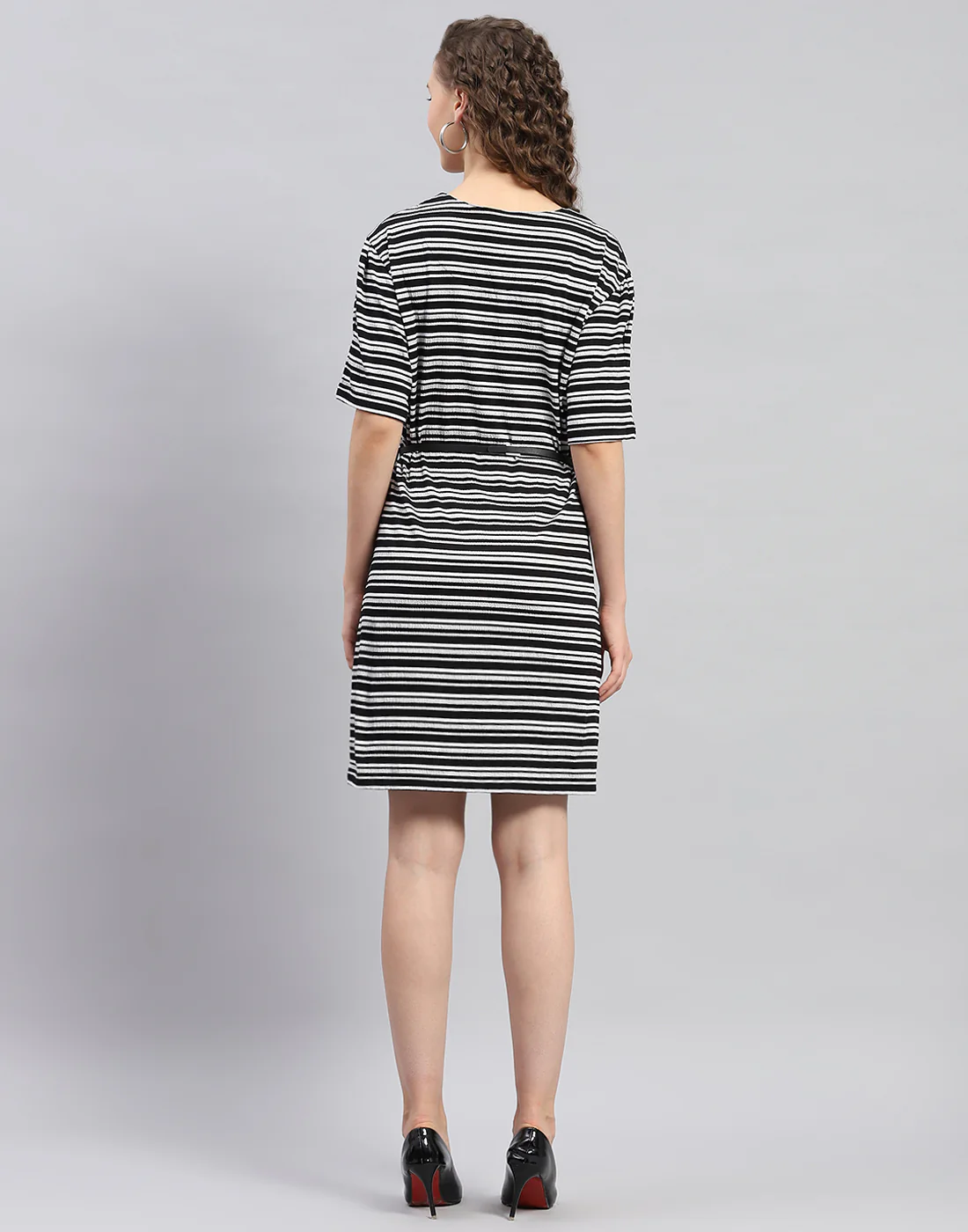 Women Black Stripe Round Neck 3/4 Sleeve Dress - Image 6