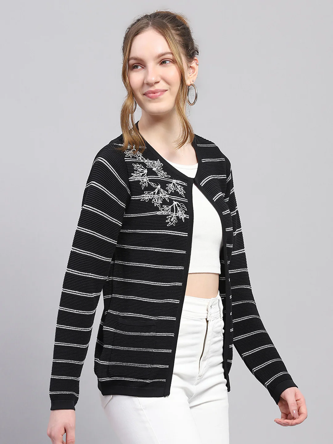 Women Black Stripe Round Neck Full Sleeve Cardigan - Image 4