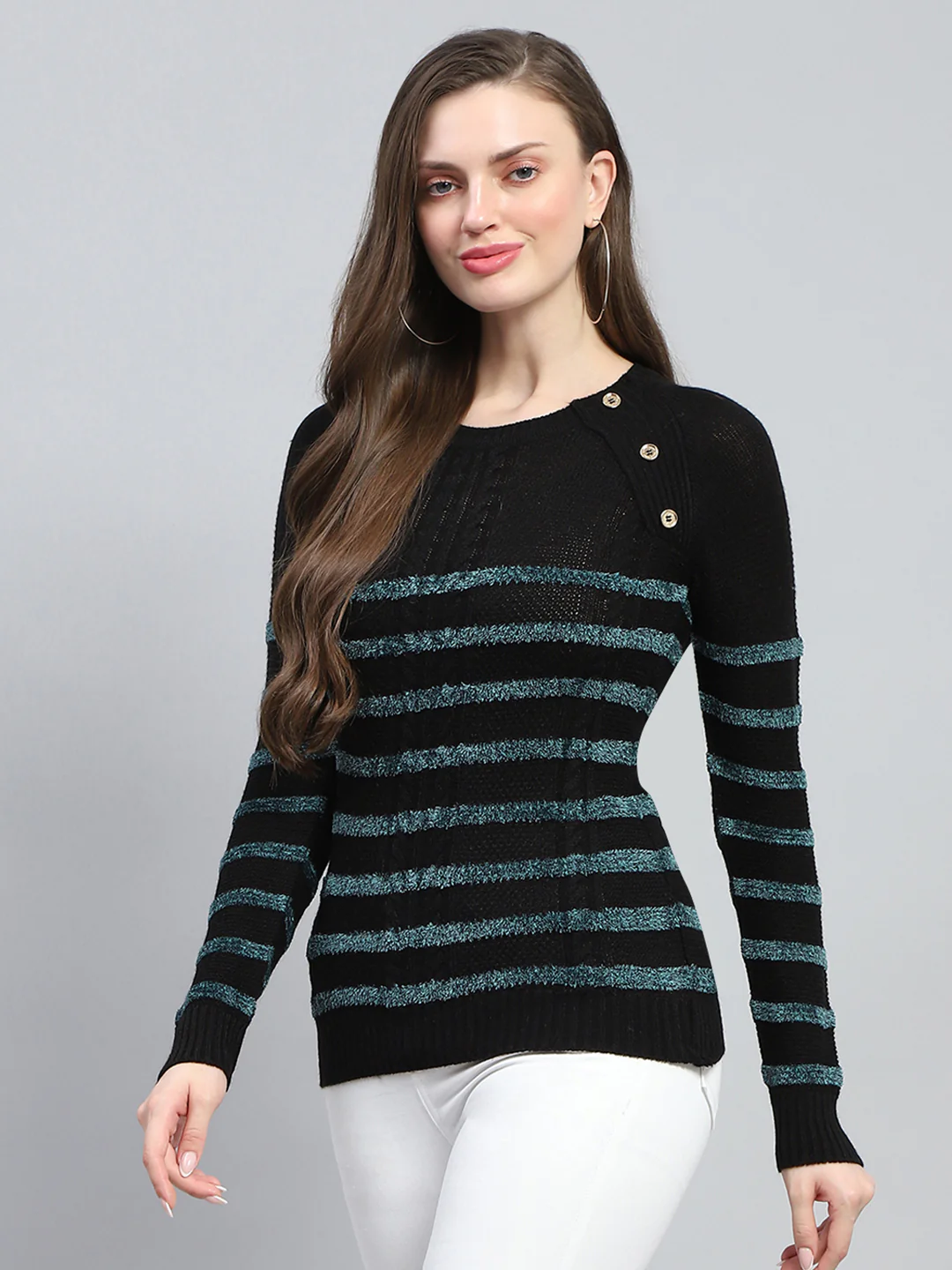 Women Black Stripe Round Neck Full Sleeve Winter Tops - Image 3