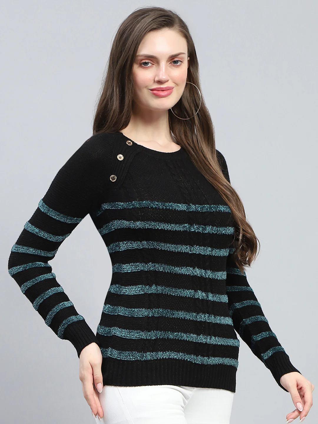 Women Black Stripe Round Neck Full Sleeve Winter Tops - Image 4