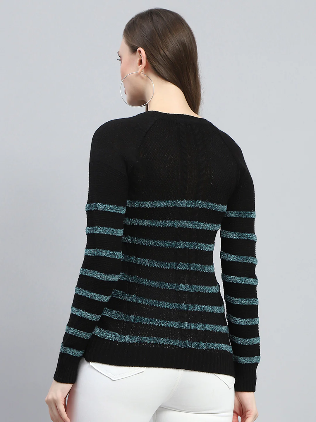 Women Black Stripe Round Neck Full Sleeve Winter Tops - Image 5