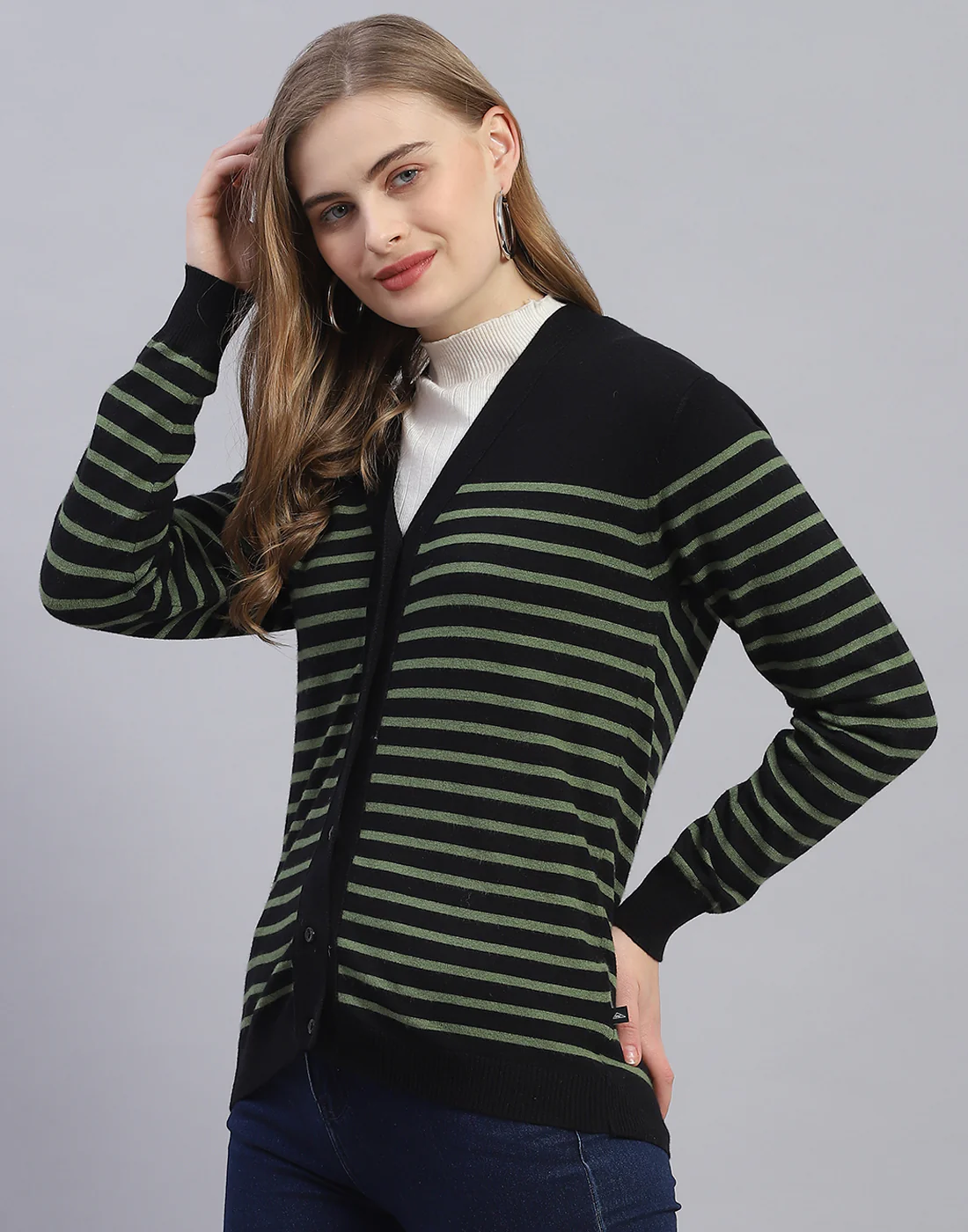Women Black Stripe V Neck Full Sleeve Cardigan - Image 3