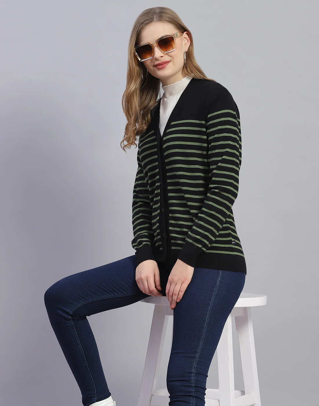 Women Black Stripe V Neck Full Sleeve Cardigan - Image 6
