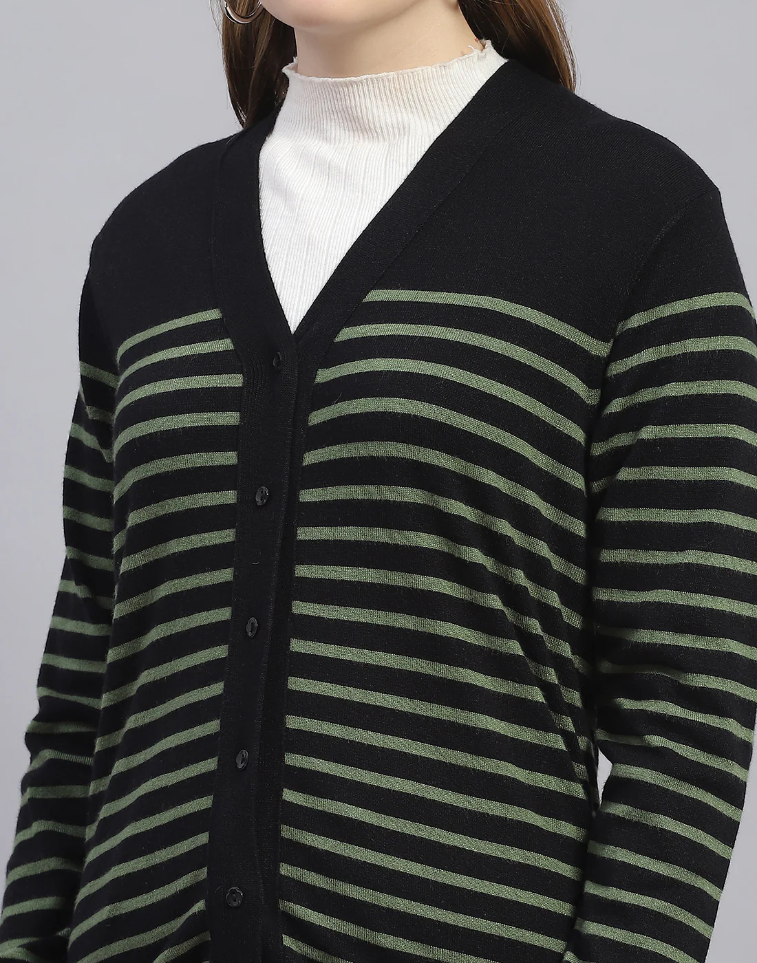 Women Black Stripe V Neck Full Sleeve Cardigan - Image 7