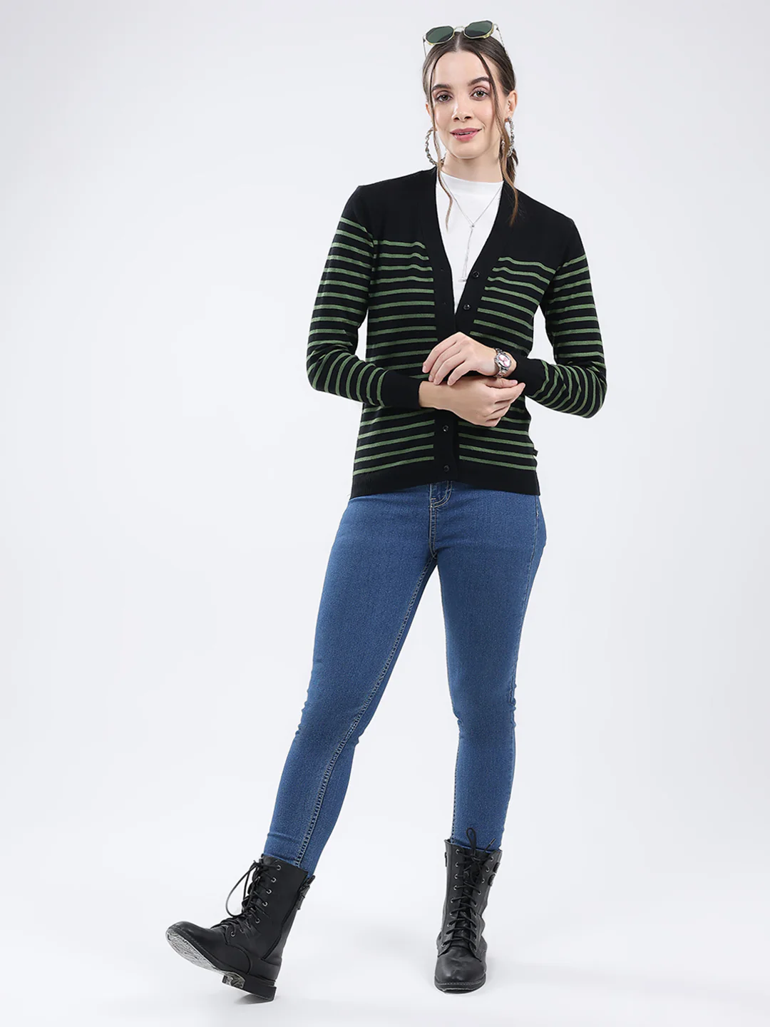 Women Black Stripe V Neck Full Sleeve Cardigan - Image 2