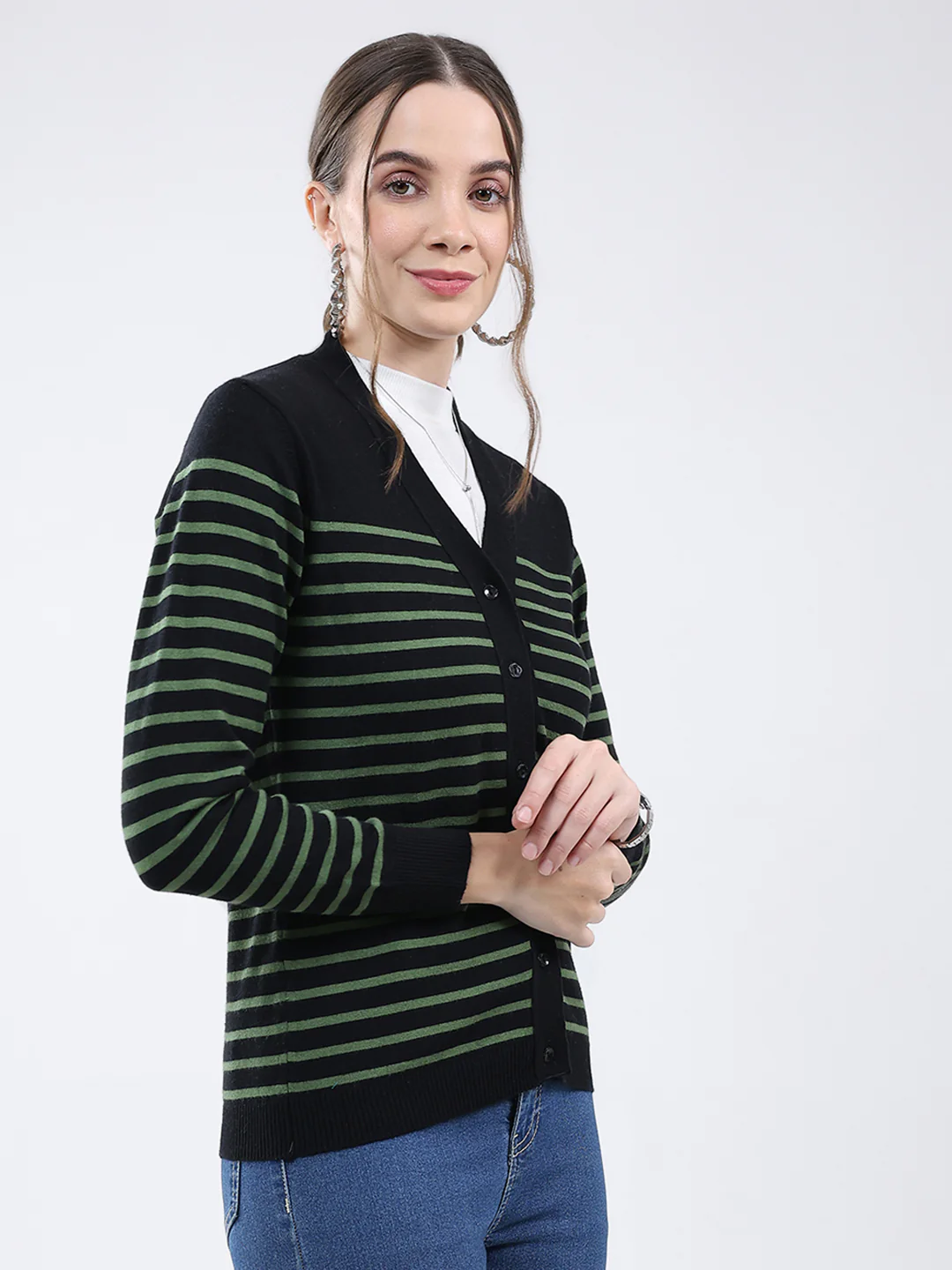 Women Black Stripe V Neck Full Sleeve Cardigan - Image 4