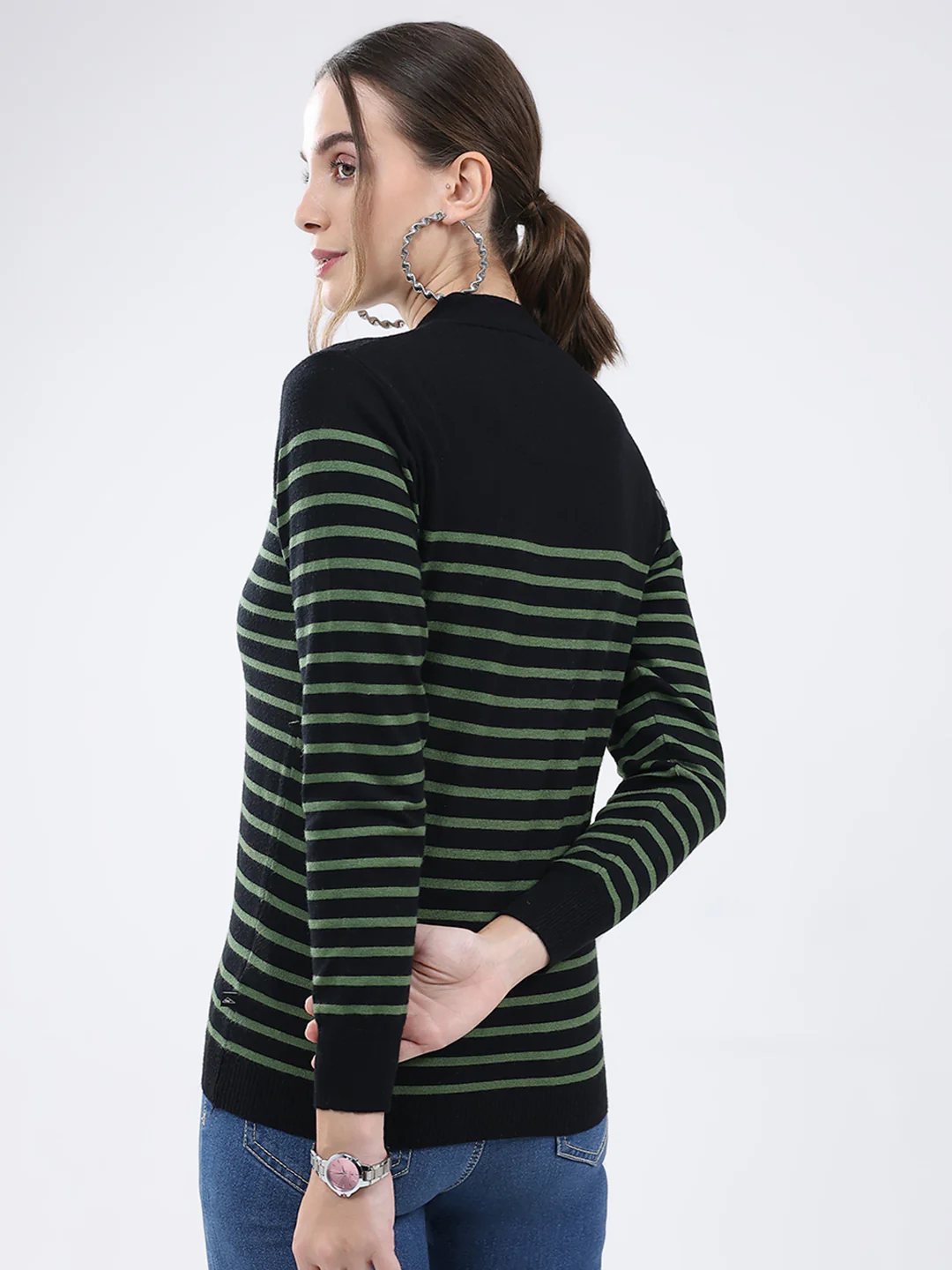 Women Black Stripe V Neck Full Sleeve Cardigan - Image 5