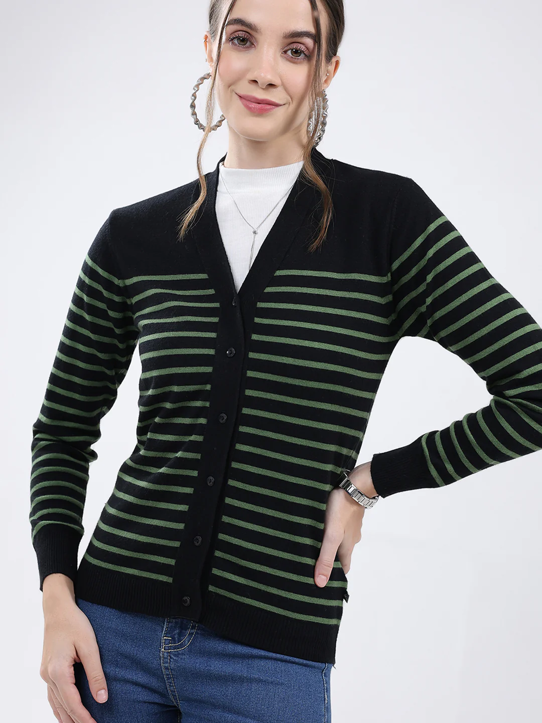 Women Black Stripe V Neck Full Sleeve Cardigan - Image 7