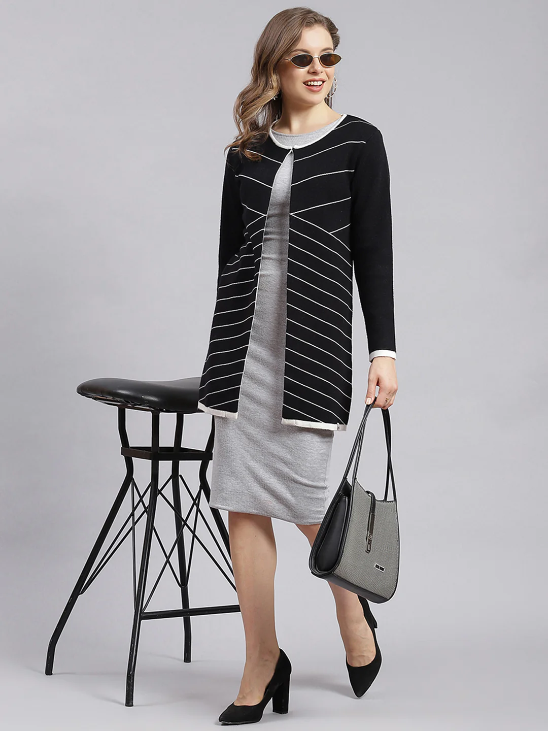 Women Black Stripe Wool blend Cardigan - Image 2