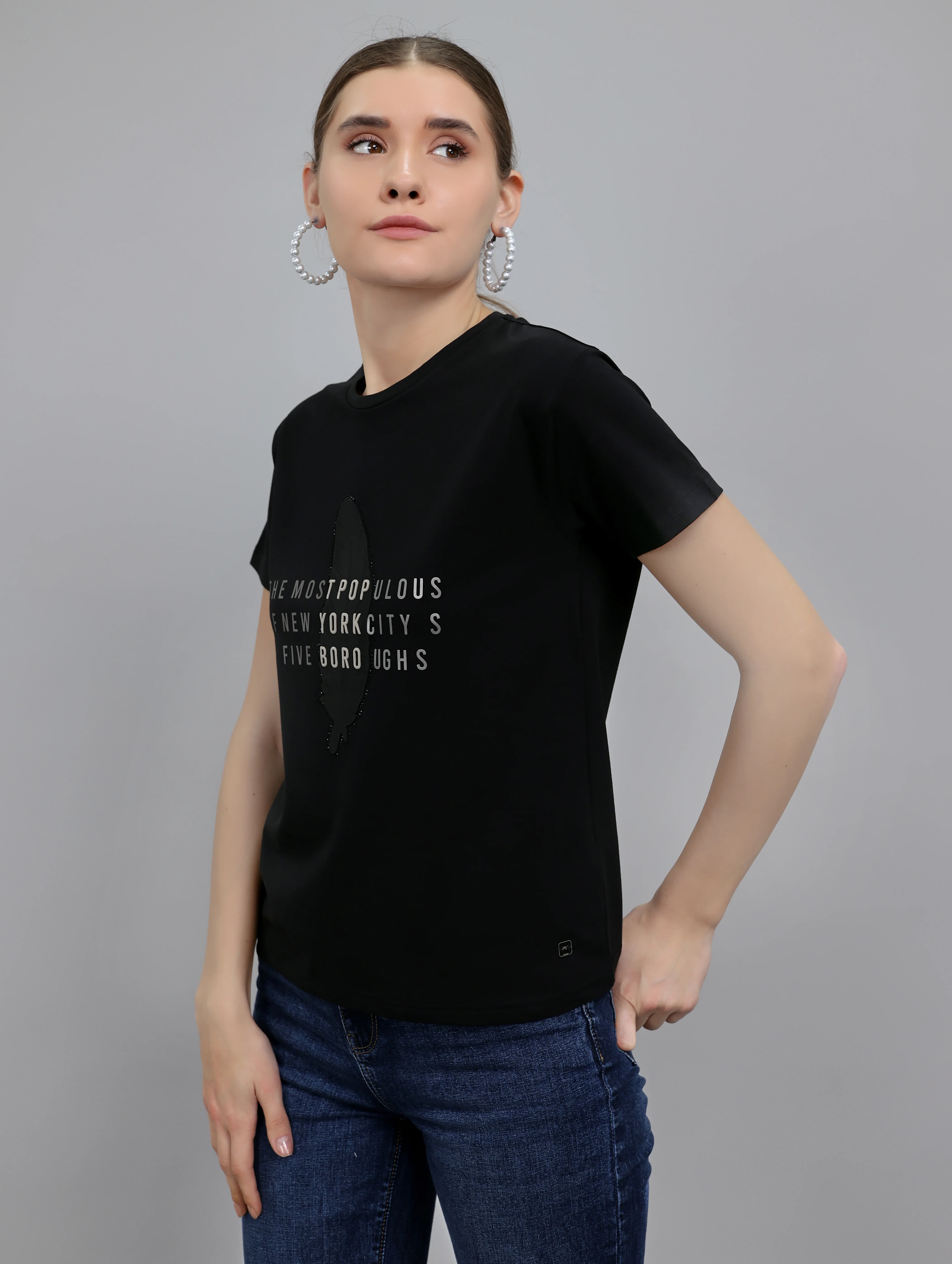 Women Black Typographic Round Neck Half Sleeve Top - Image 2