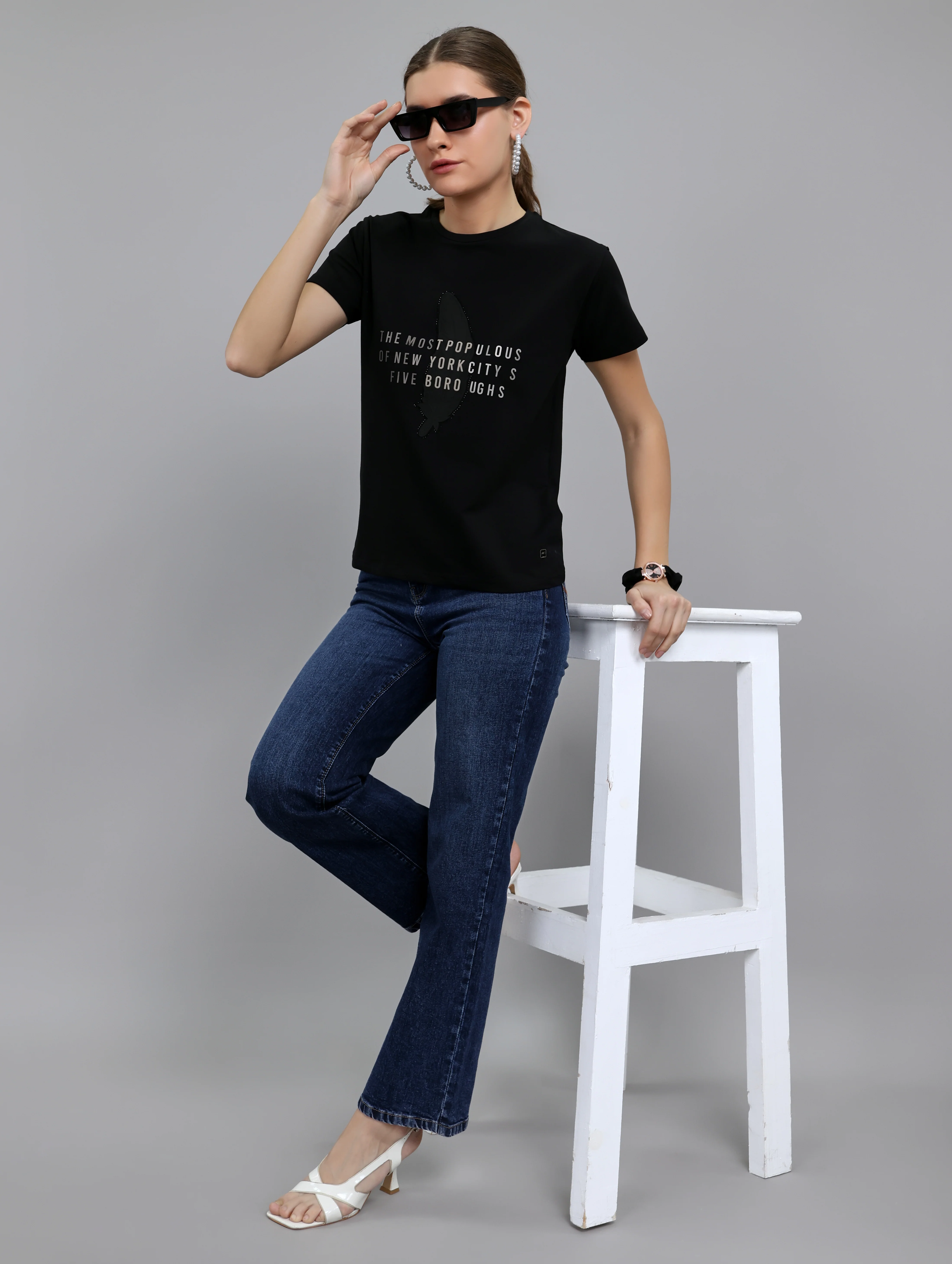 Women Black Typographic Round Neck Half Sleeve Top - Image 7