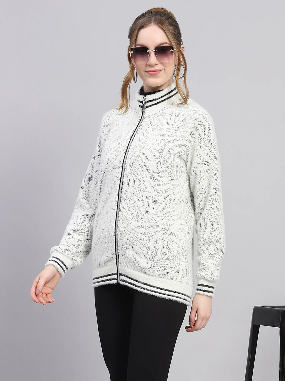 Women Black & White Self Design Mock Neck Full Sleeve Sweatshirt - Image 6