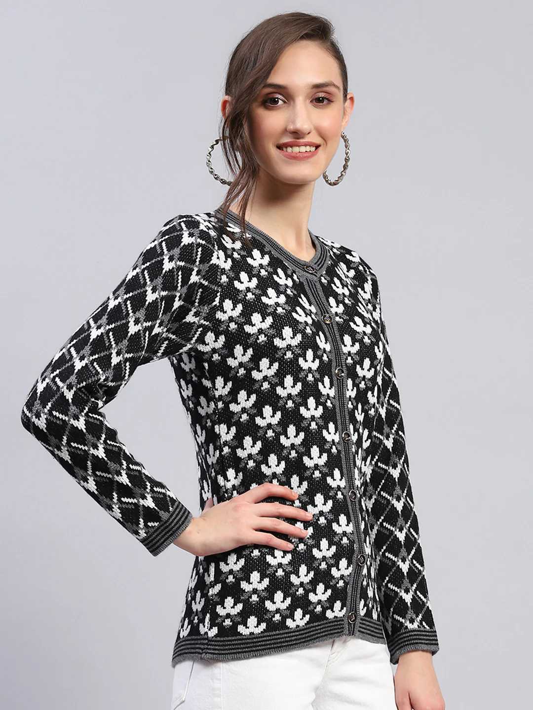 Women Black & White Self Design Round Neck Full Sleeve Cardigan - Image 4