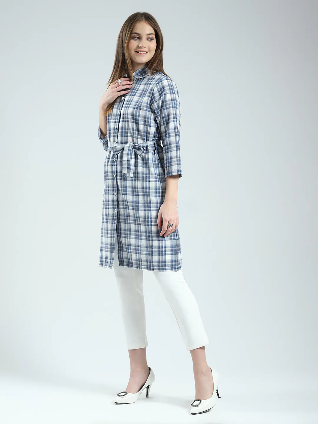 Women Blue Check Collar 3/4th Sleeve Tunic - Image 3