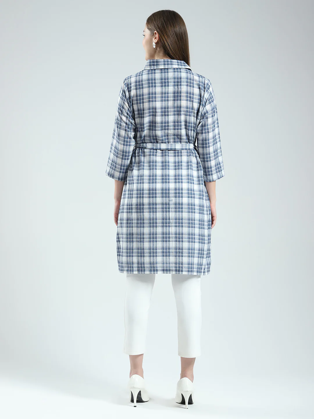 Women Blue Check Collar 3/4th Sleeve Tunic - Image 5