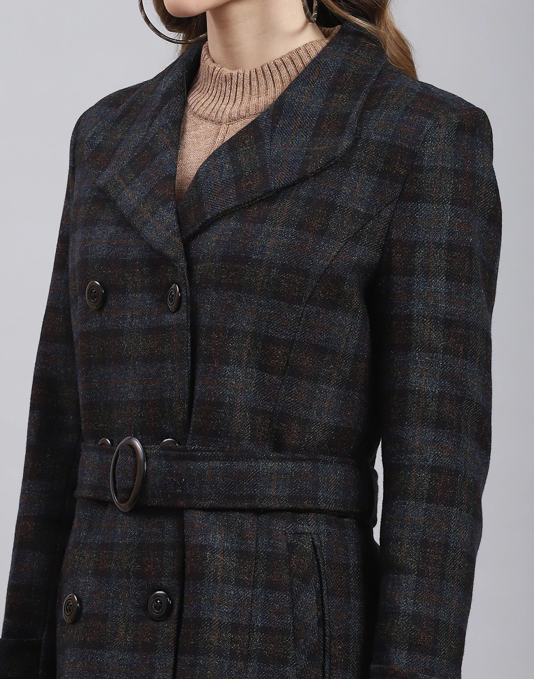 Women Blue Check Collar Full Sleeve Coat - Image 7