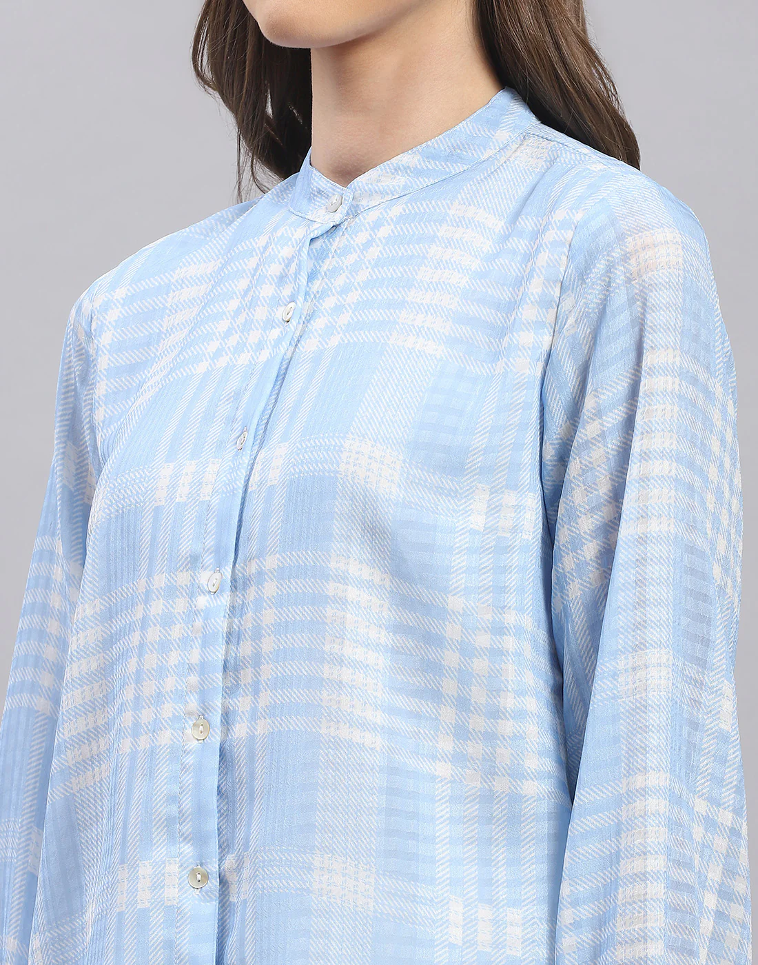 Women Blue Check Mandarin Collar Full Sleeve Top - Image 6