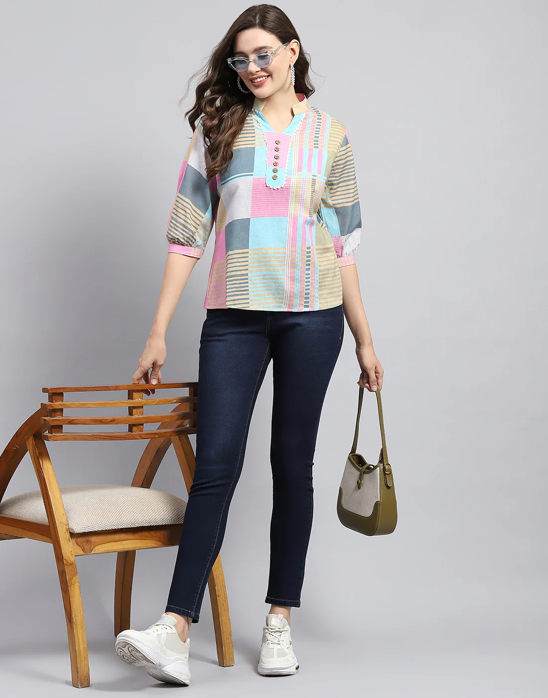 Women Blue Check Mandarin Neck 3/4 Sleeve Top - Image 2