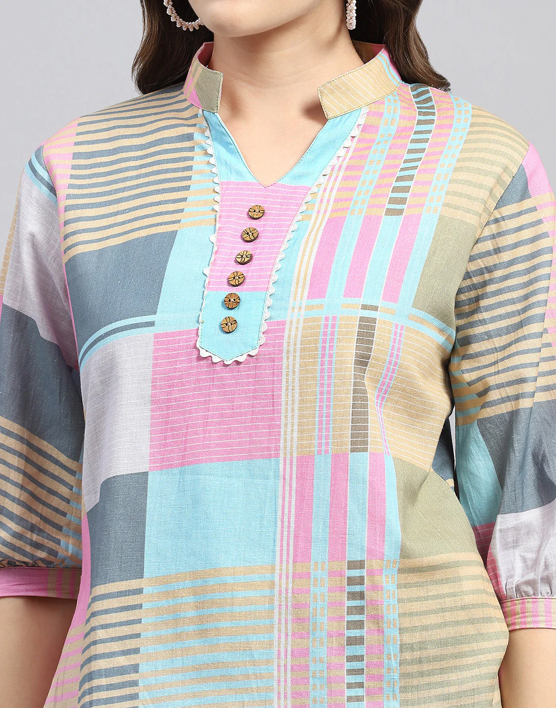 Women Blue Check Mandarin Neck 3/4 Sleeve Top - Image 6