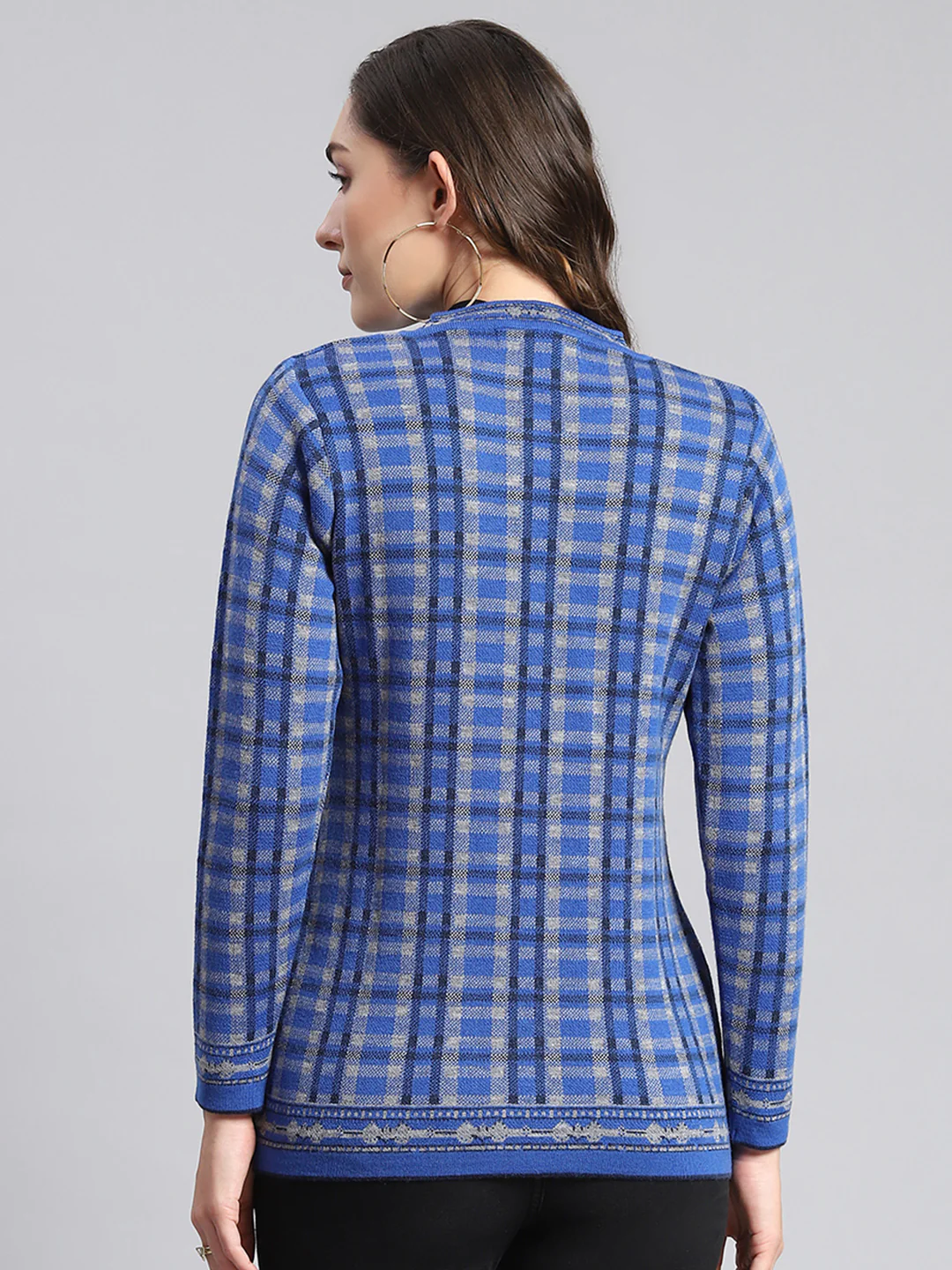 Women Blue Check Round Neck Full Sleeve Cardigans - Image 5