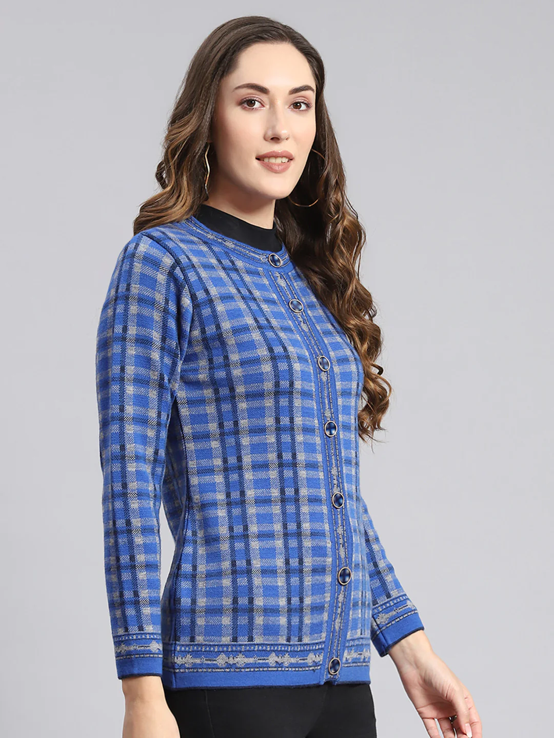 Women Blue Check Round Neck Full Sleeve Cardigans - Image 6