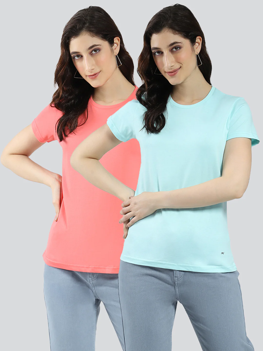 Women Blue & Coral Solid Round Neck Half Sleeve Top 2Pc Set