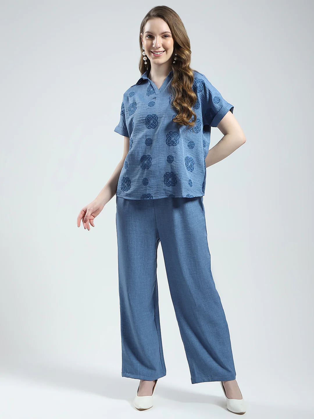 Women Blue Embroidered Collar Half Sleeve Cords Set - Image 3