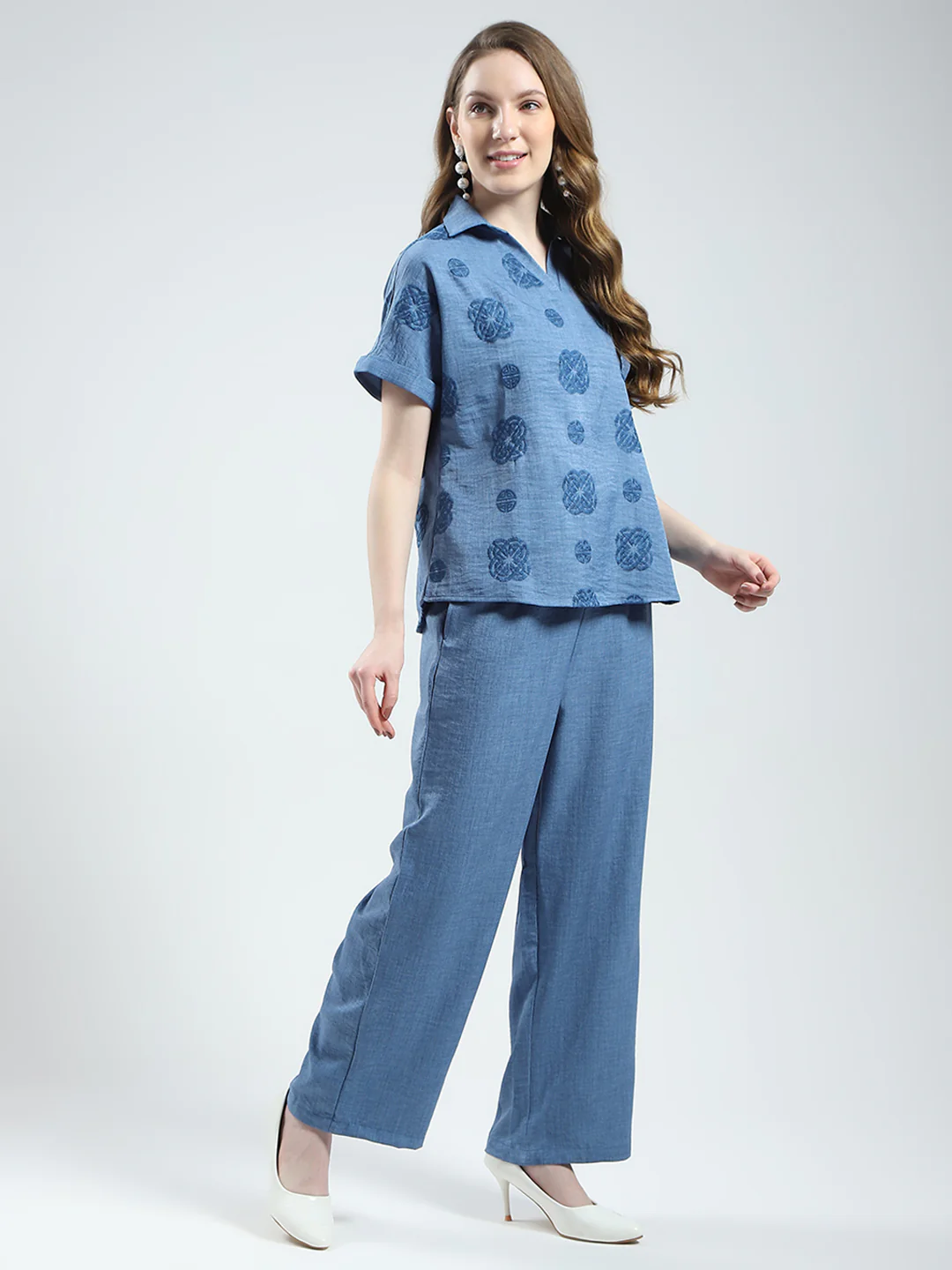 Women Blue Embroidered Collar Half Sleeve Cords Set - Image 6