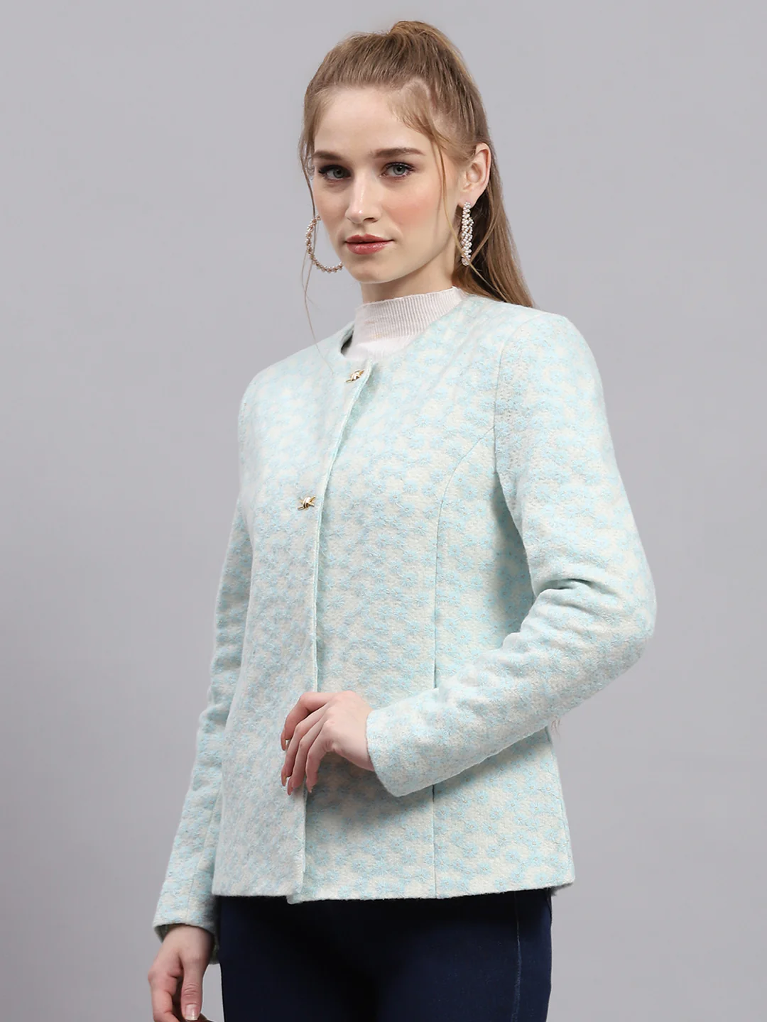 Women Blue Embroidered Round Neck Full Sleeve Coat - Image 3