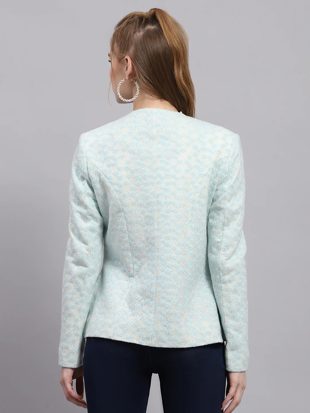 Women Blue Embroidered Round Neck Full Sleeve Coat - Image 5