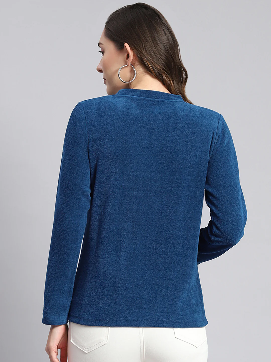 Women Blue Embroidered Round Neck Full Sleeve Sweater - Image 5