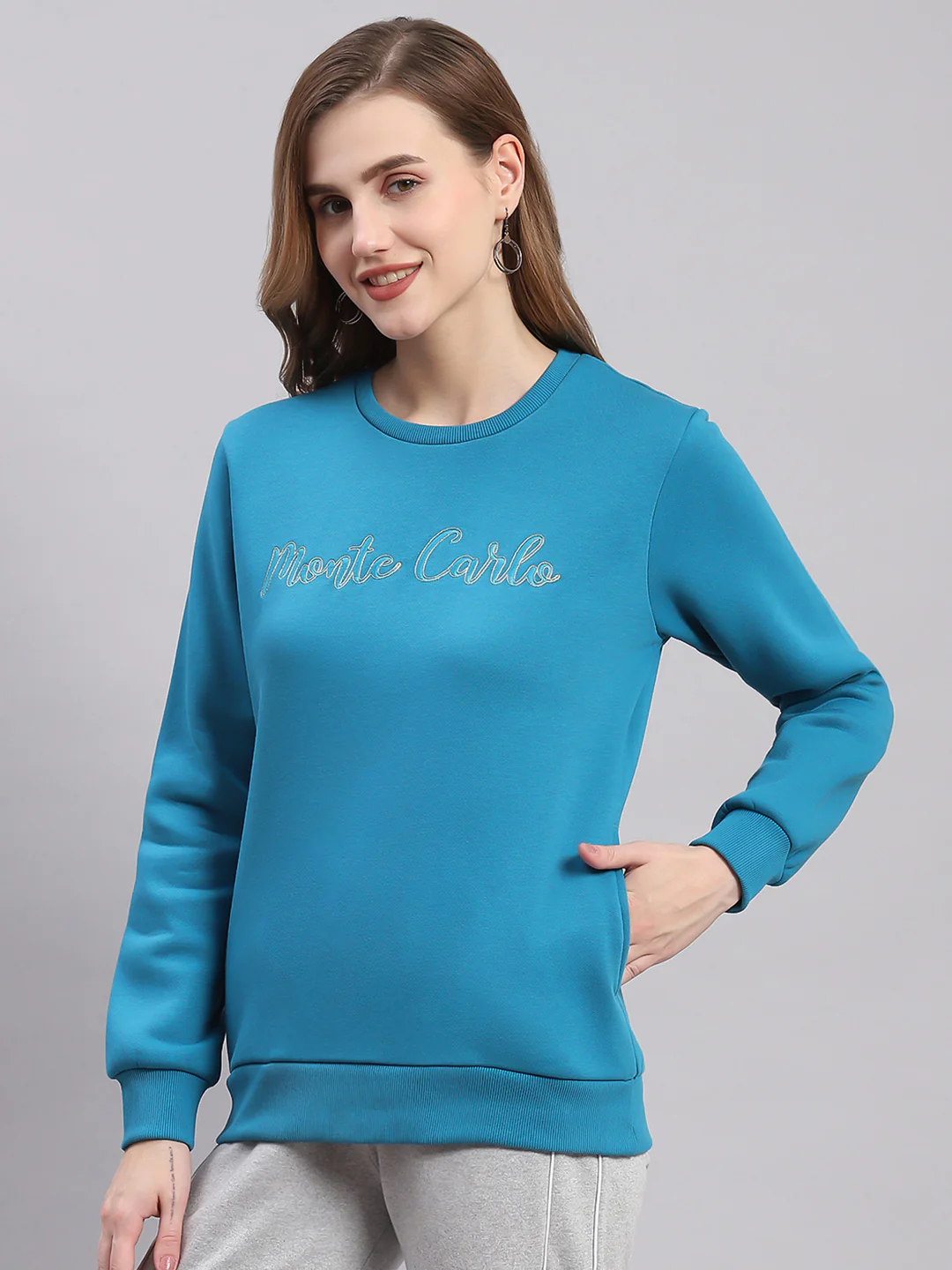 Women Blue Embroidered Round Neck Full Sleeve Sweatshirts - Image 3
