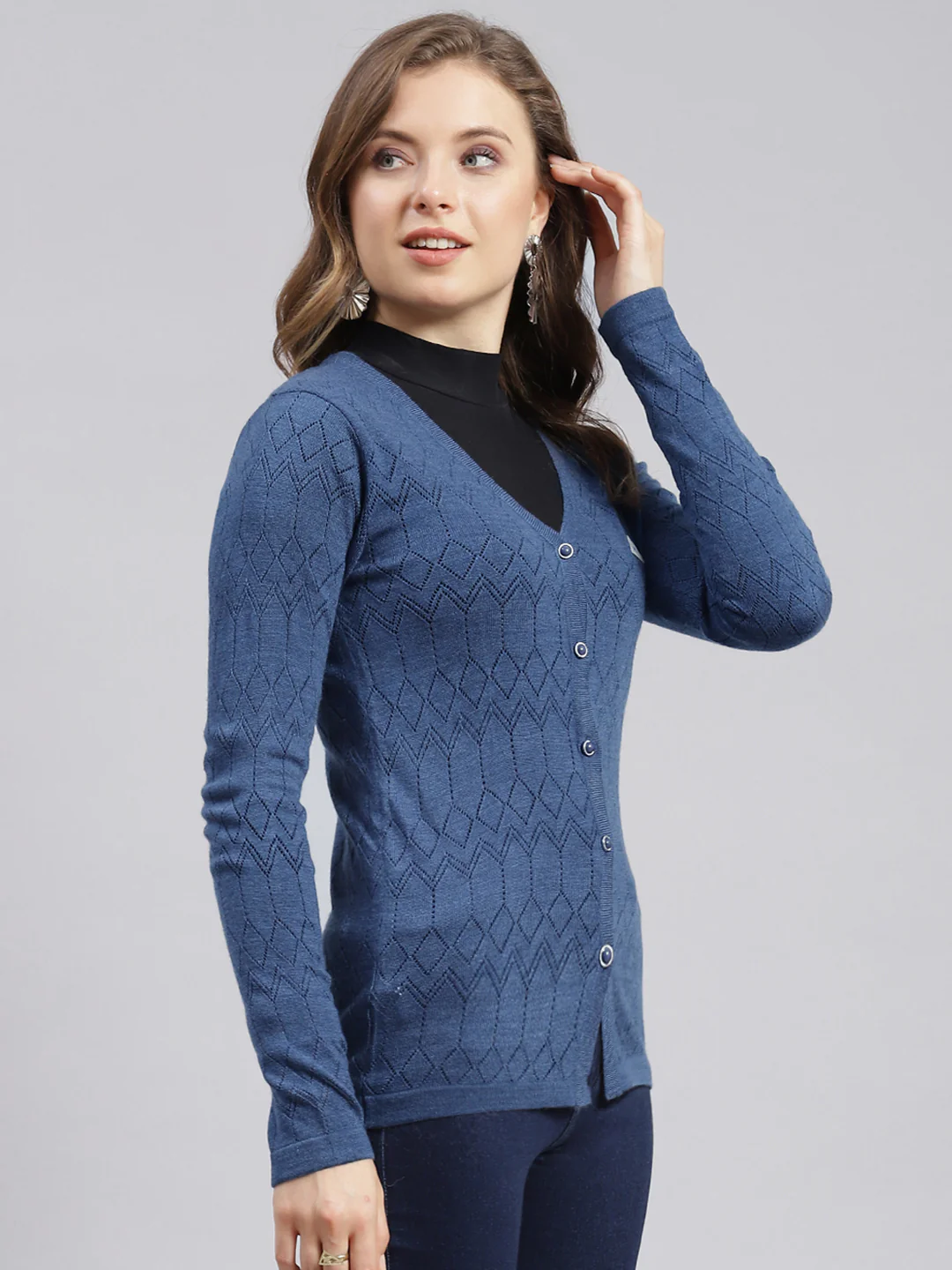 Women Blue Jaquard Wool blend Cardigan - Image 2