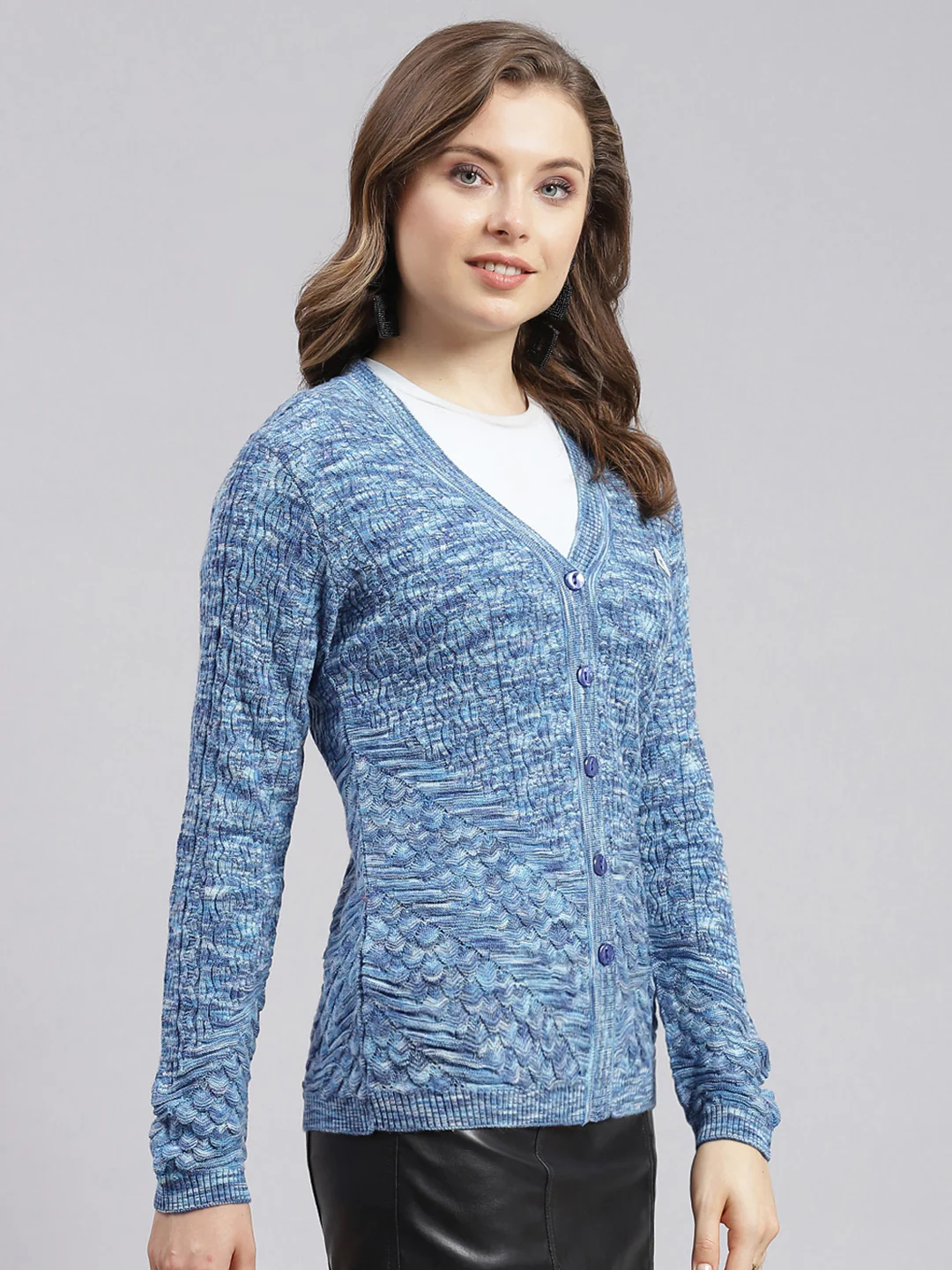 Women Blue Jaquard Wool blend Cardigan - Image 2