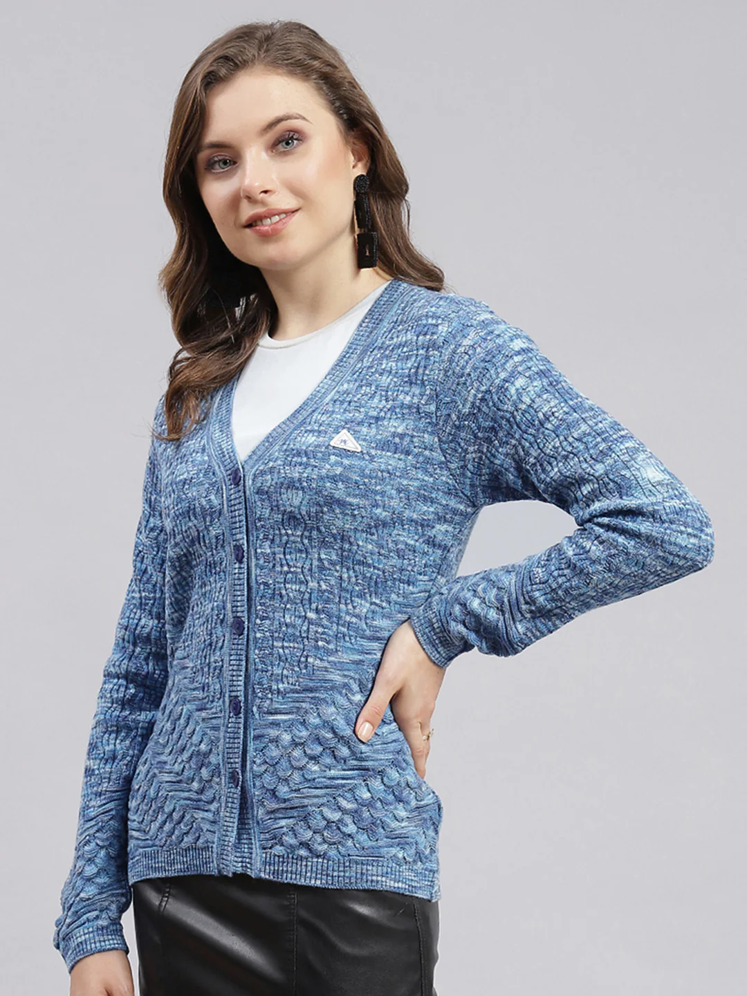 Women Blue Jaquard Wool blend Cardigan - Image 3