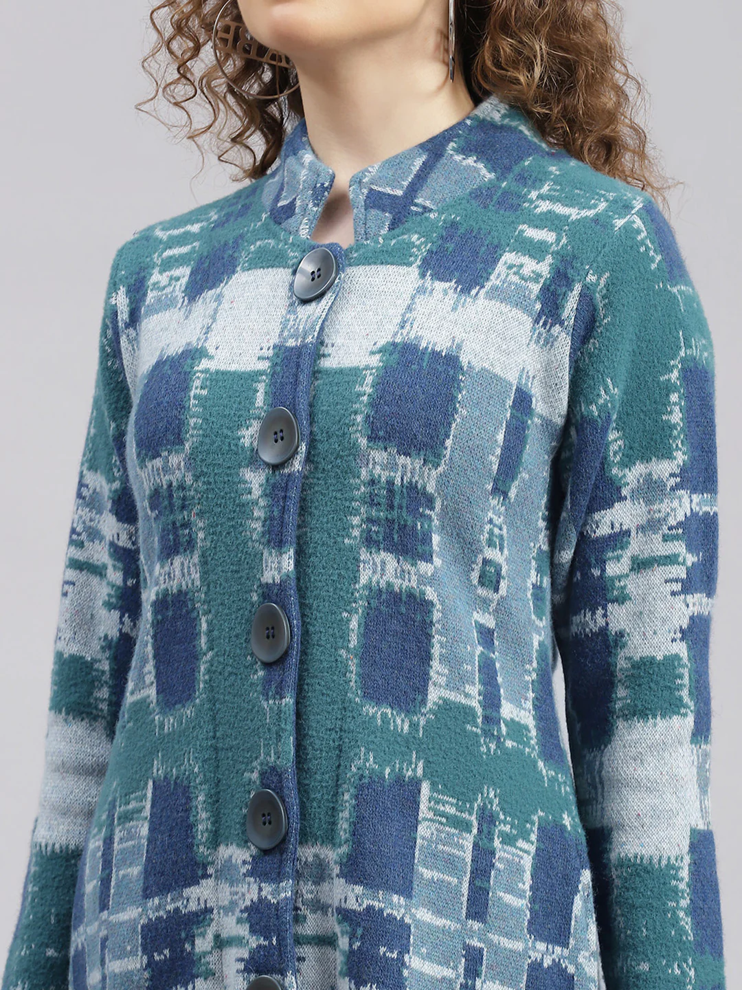 Women Blue Jaquard Wool blend Knitted Coat - Image 2