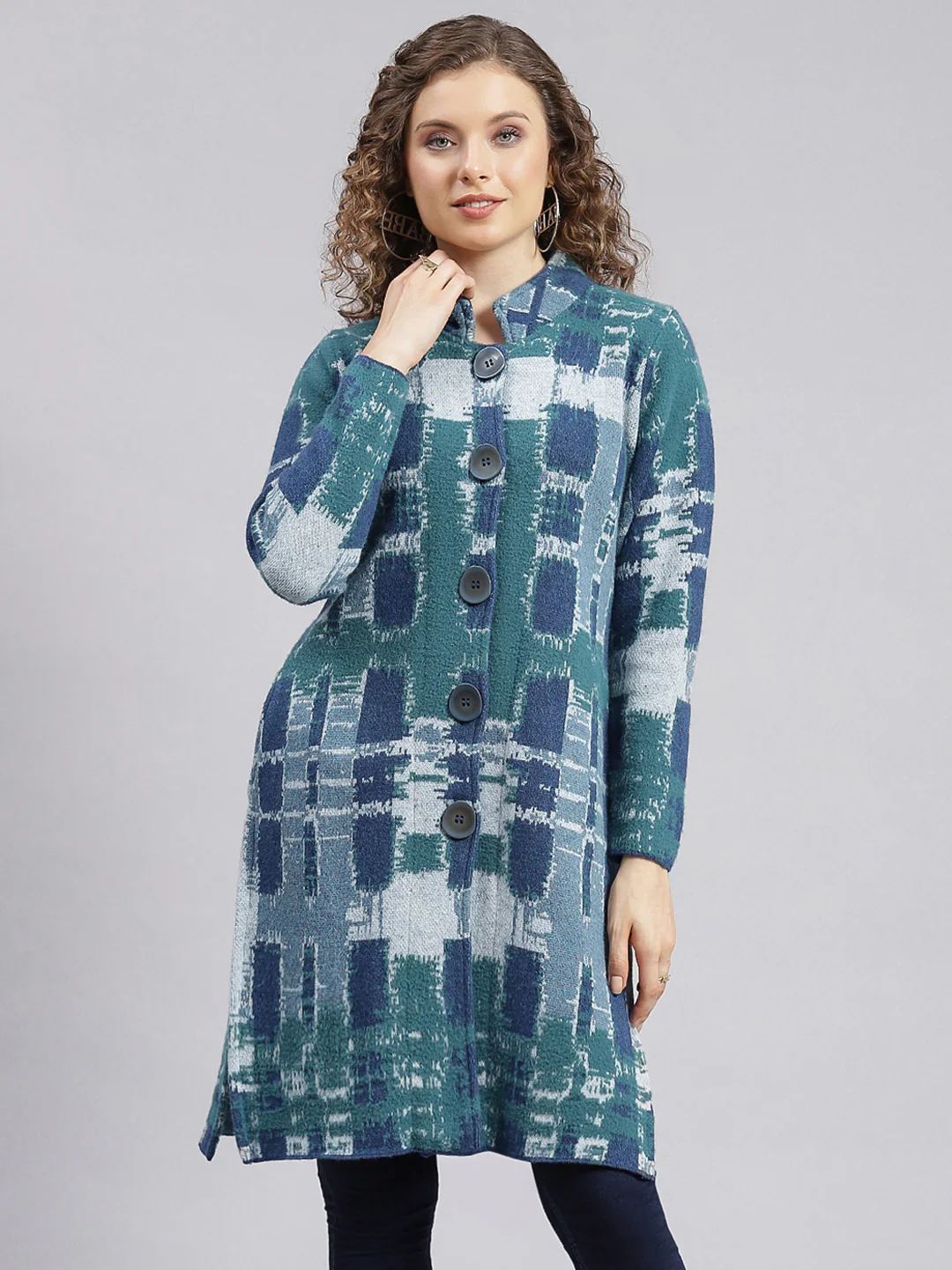Women Blue Jaquard Wool blend Knitted Coat - Image 3