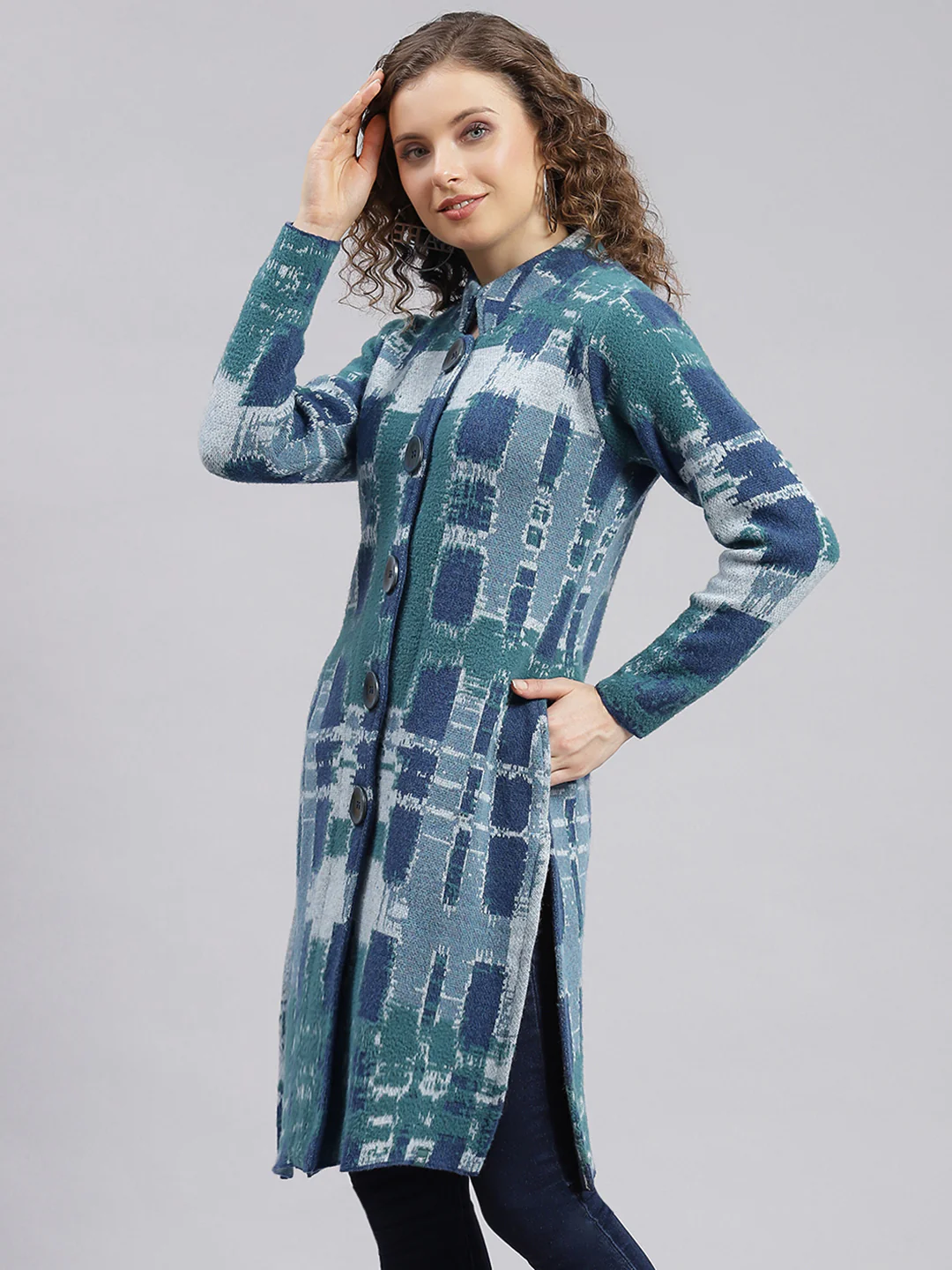 Women Blue Jaquard Wool blend Knitted Coat - Image 5