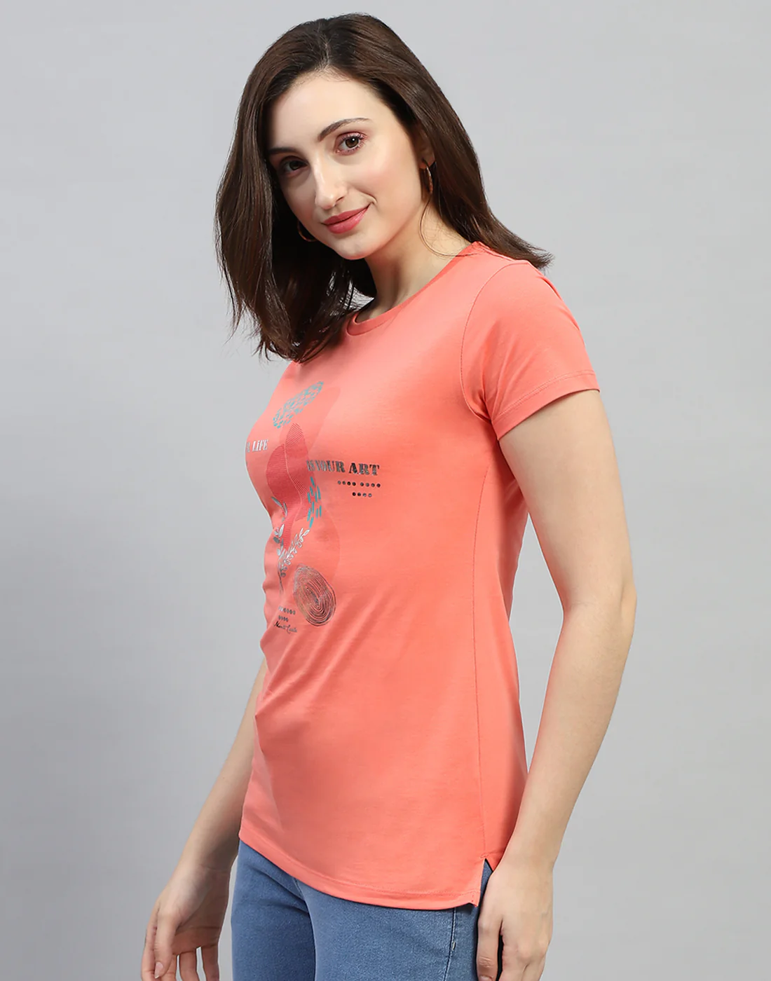 Women Blue & Peach Printed Round Neck Half Sleeve Top (Pack of 2) - Image 4