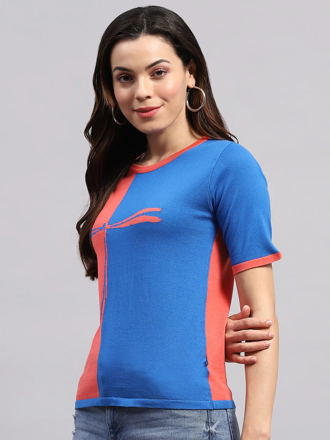 Women Blue & Pink Printed Round Neck Half Sleeve Top - Image 3