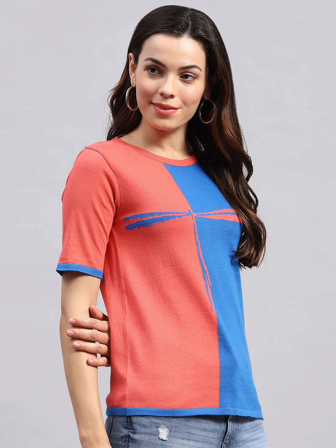 Women Blue & Pink Printed Round Neck Half Sleeve Top - Image 4