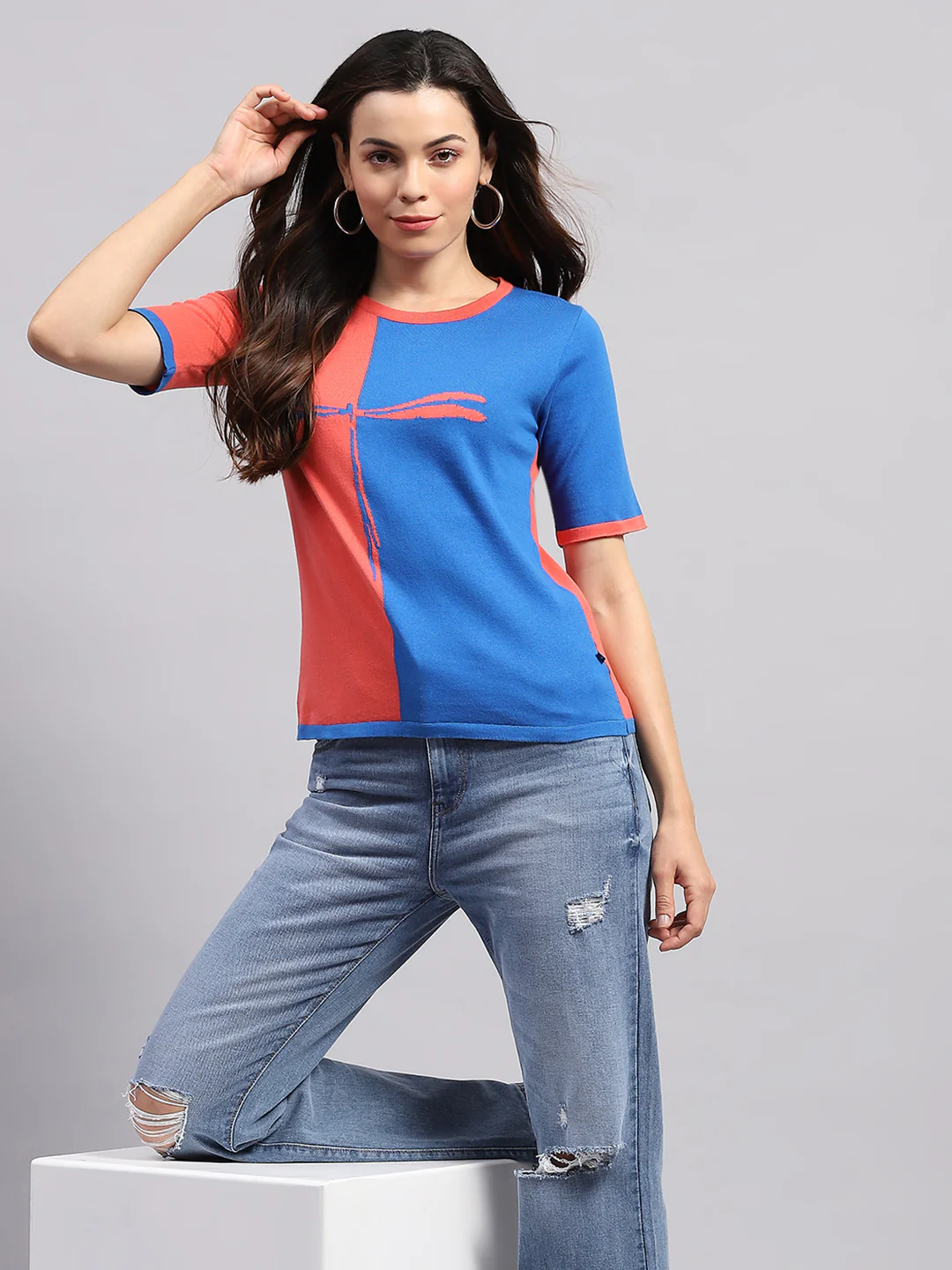 Women Blue & Pink Printed Round Neck Half Sleeve Top - Image 6