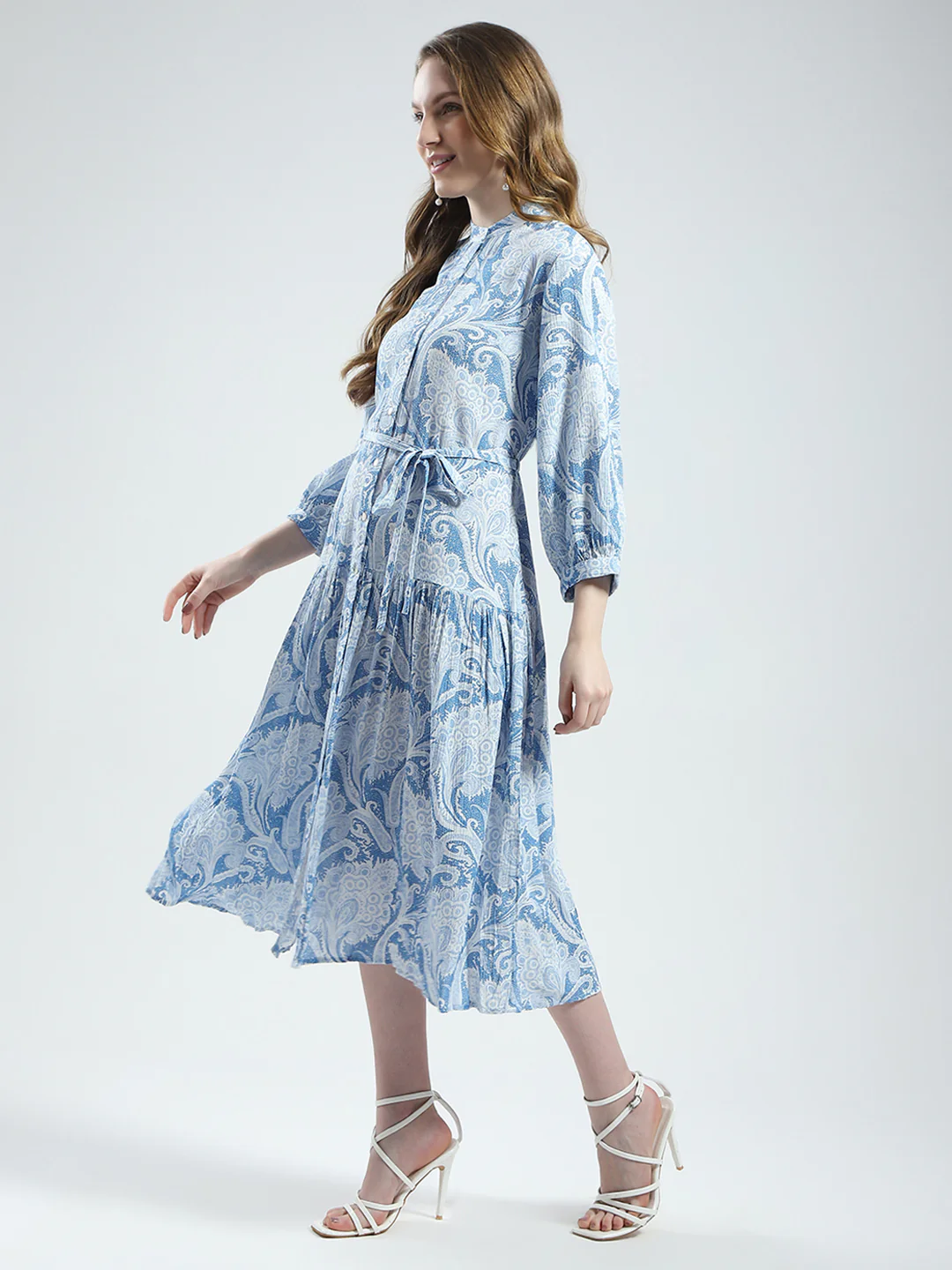 Women Blue Printed Band Collar 3/4th Sleeve Dress - Image 3
