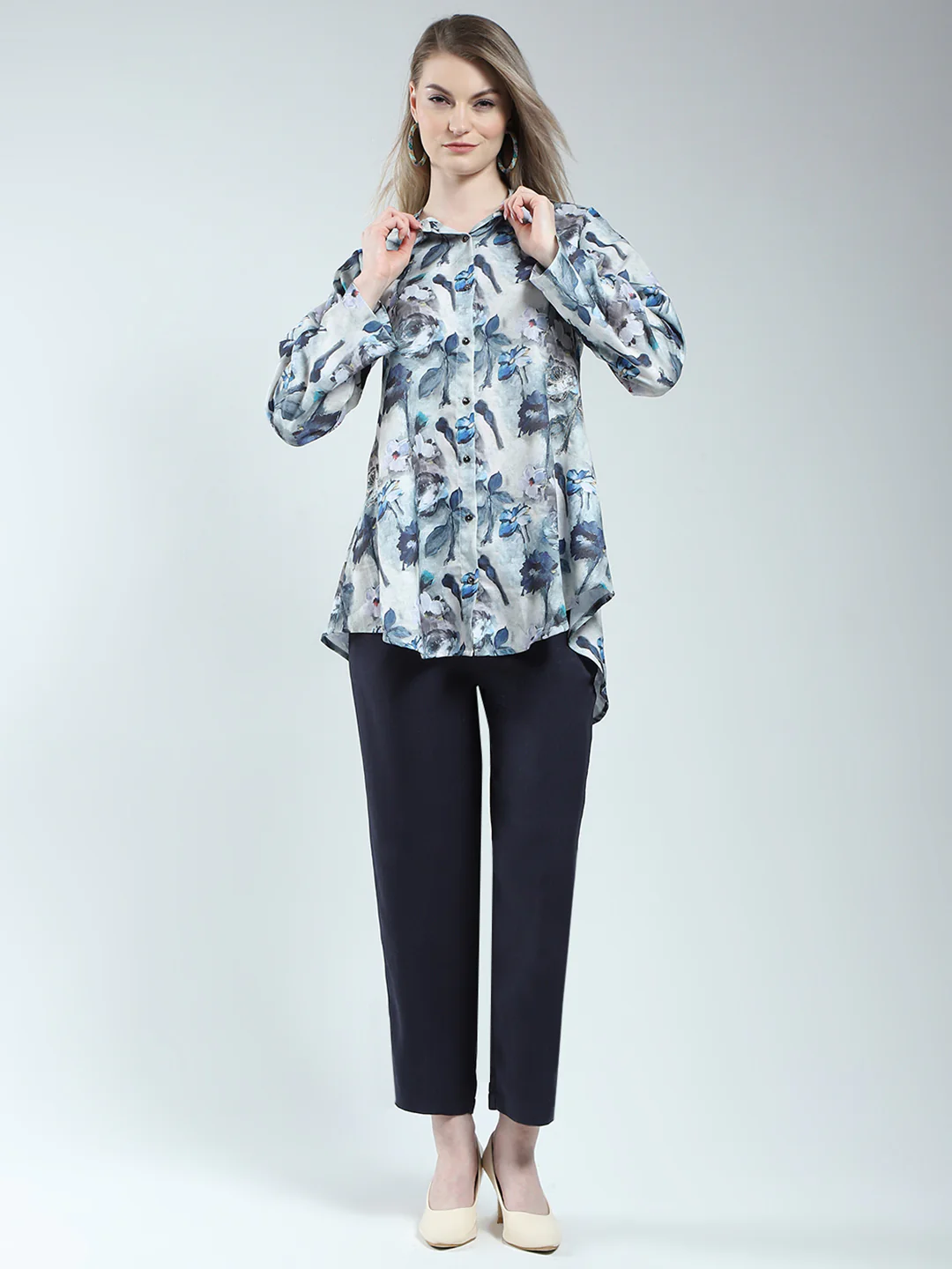 Women Blue Printed Band Neck Full Sleeve Cords Set - Image 3
