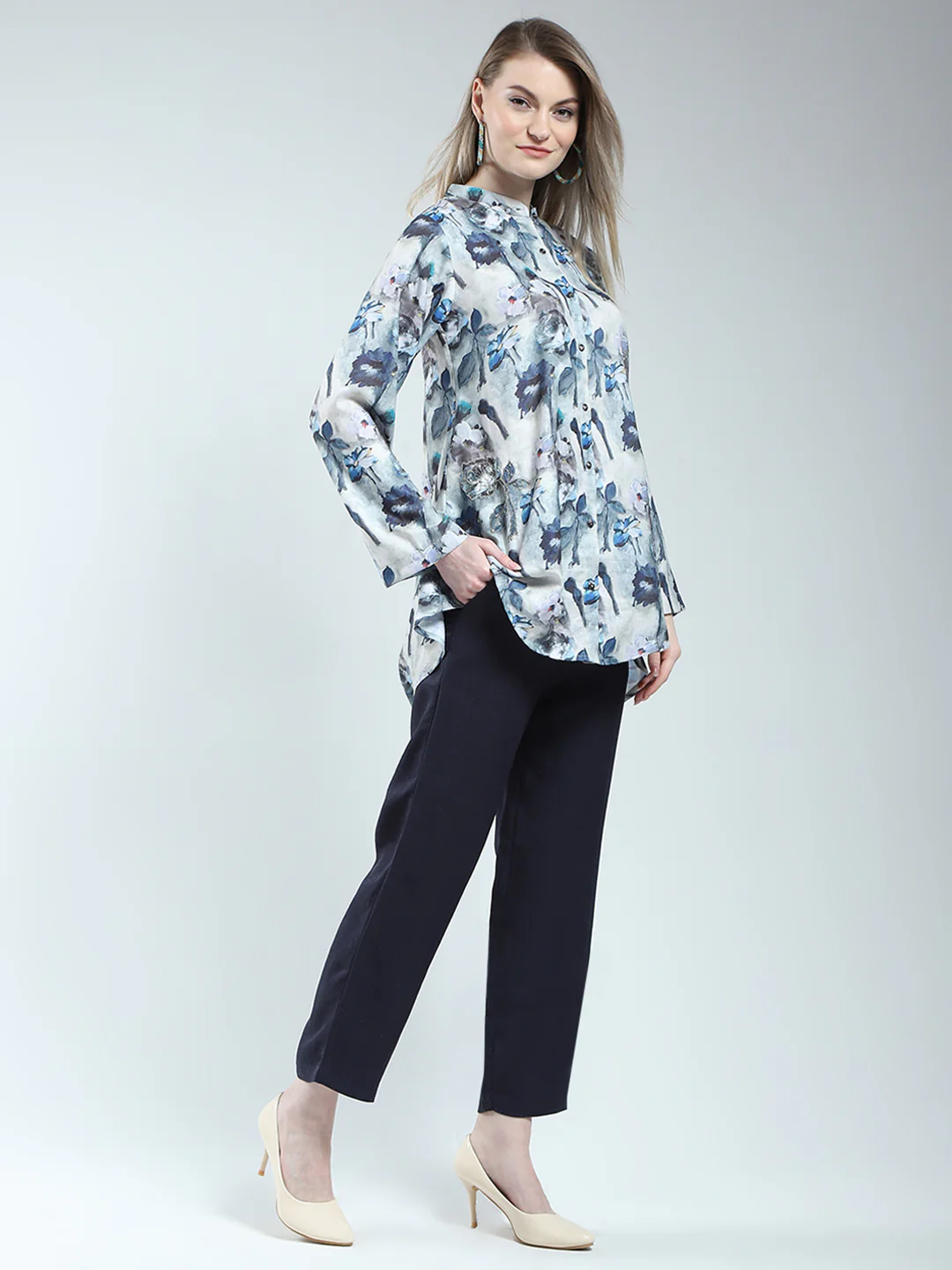 Women Blue Printed Band Neck Full Sleeve Cords Set - Image 5
