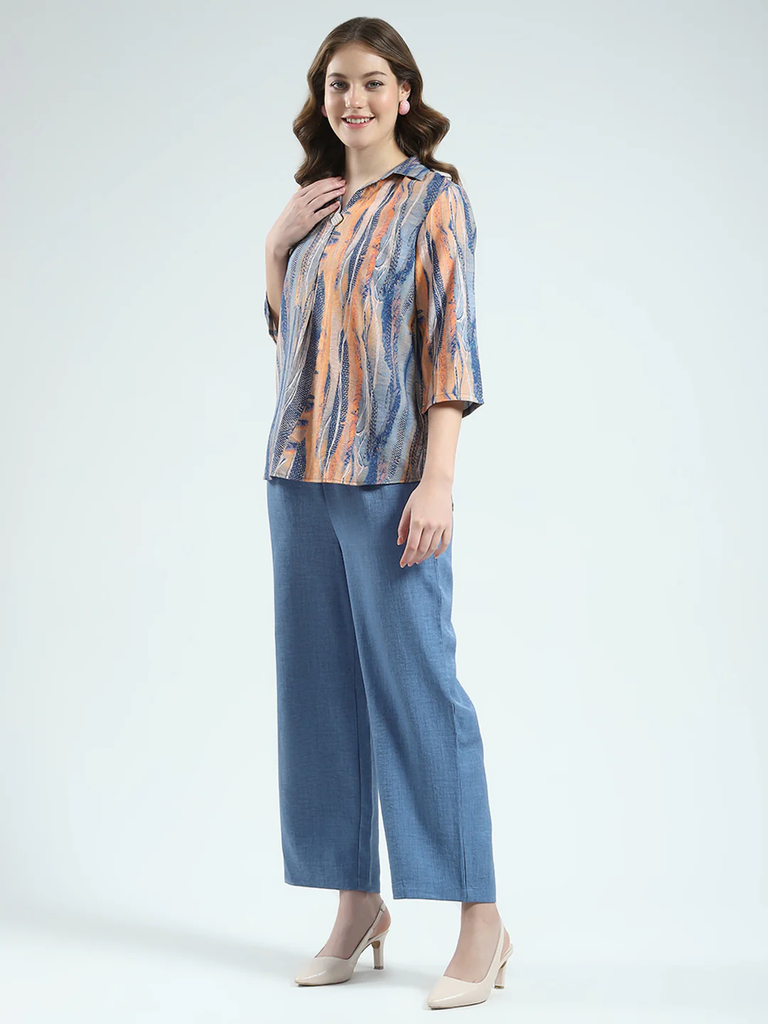 Women Blue Printed Collar 3/4th Sleeve Cords Set - Image 3